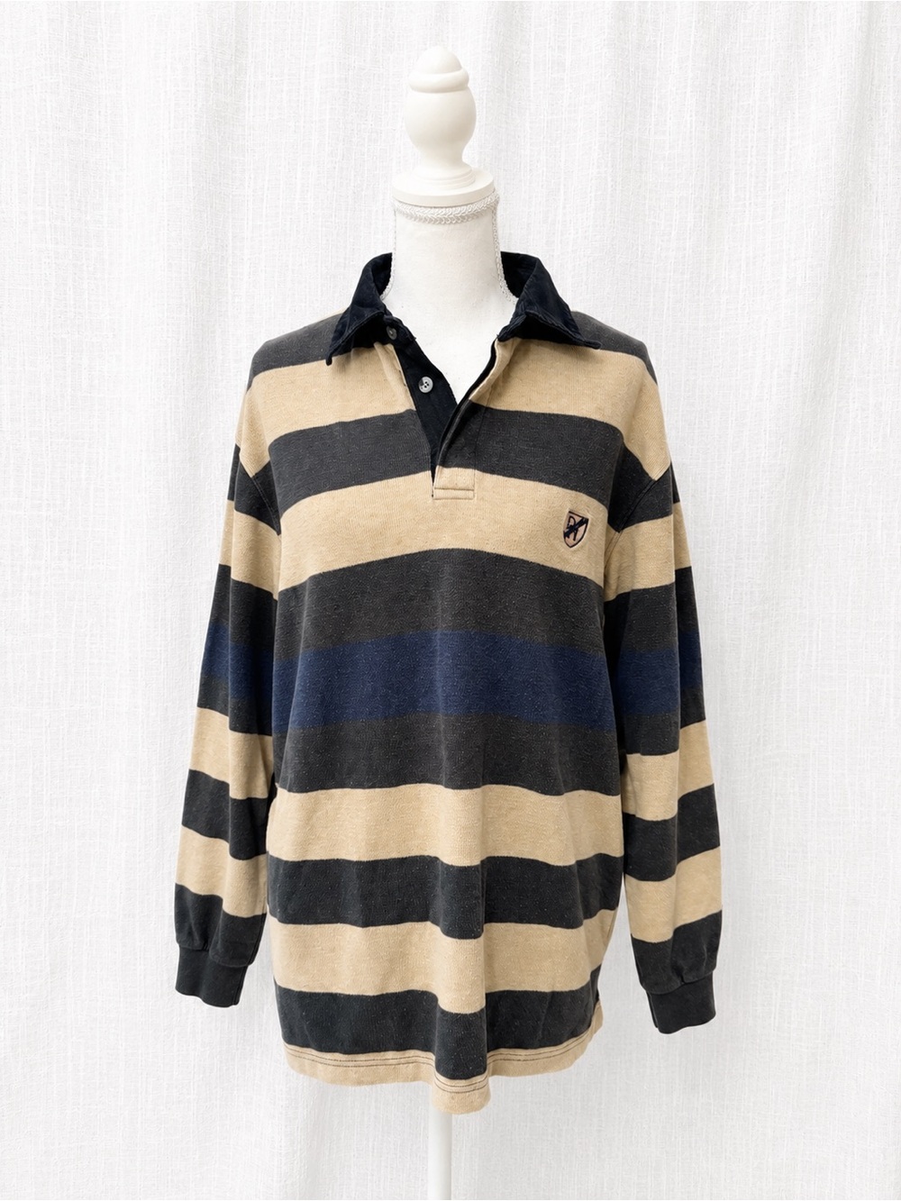 Denver Hayes Striped Rugby Polo in Beige, Black & Navy